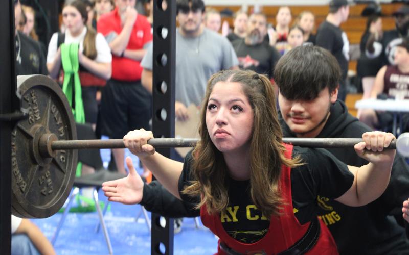 Sentinel Photo/Mike Reddell Bay City Lady Cat powerlifter Brianna Solis at VVISD meet Friday. Solis’ totals included: Briana Solis, 165, 1st place; Squat, 305; Bench, 185; Dead Lift, 305; for a total of 795.