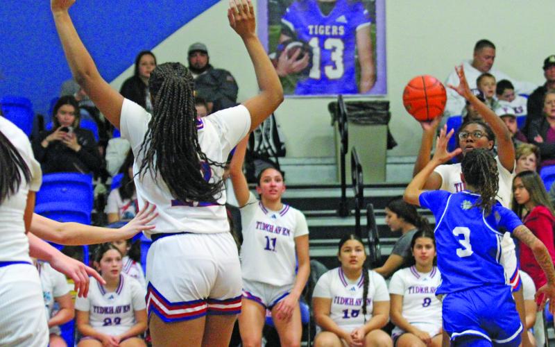 Photo by Anna Hernandez Tidehaven Tigerette Adriana Aboytes looks to take a shot or pass to teammates as Tidehaven lost to Edna 45-36 at home Jan. 23. Tidehaven’s schedule includes playing Columbus there Jan. 27 and hosting Industrial Friday, Jan. 30. No. 10 ranked Tidehaven is 24-5, 8-1 and first in district.