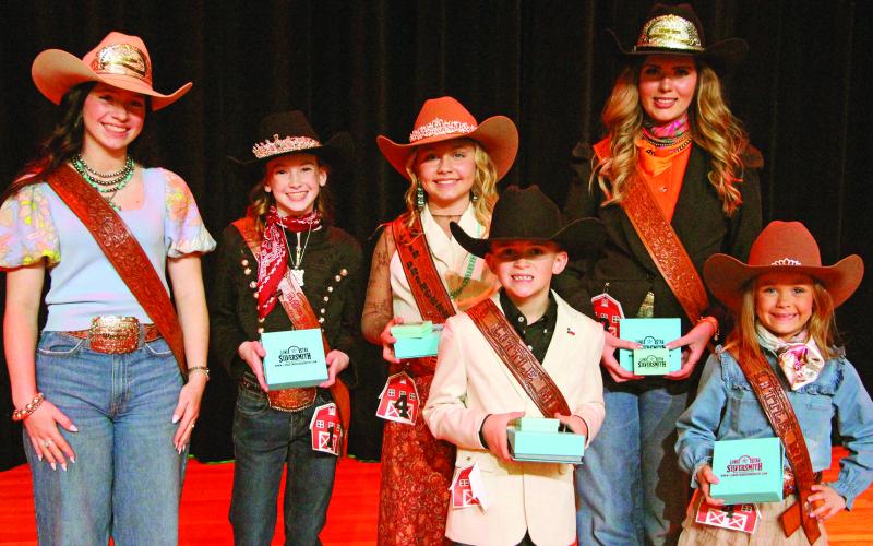 Sentinel photo/Jessica Shepard  The MCFLA's 2026 Rodeo &amp; Fair Royalty are, from left: Rodeo Queen Scollie Saha, Fair Princess Analyn Sutherland, Junior Fair Princess Hayden Joines, Little Mister Cowboy Dusty O'Connell, Fair Queen Marin Bolton, and Little Miss Cowgirl Kalli Brown.