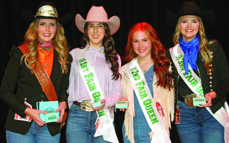 Sentinel Photo/Jessica Shepard  The MCFLA 2026 Fair Queen royalty court includes Fair Queen Marin Bolton, First Runner-up Karoline Murray, Second Runner-up Ryleigh Siptak and Third Runner-up Laynee Matchett.