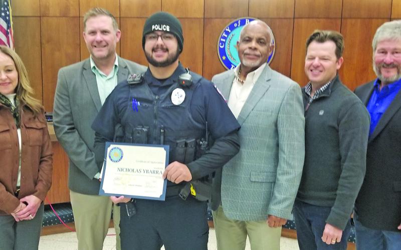 Sentinel Photo/Mike Reddell City employees who were recognized at the Jan. 27 City Council meeting for their 1st Quarter promotions: Adelaide Ellsworth – Promoted to Library Programming Manager; Amanda Yracheta – Promoted to Senior Administrative Assistant; (shown in the photo) Nicholas Ybarra – Promoted to Police Officer