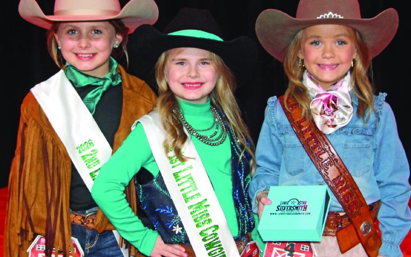 Sentinel Photo/Jessica Shepard The MCFLA 2026 Little Miss Cowgirl royalty court includes Second Runner-up Madalyn Hickl, First Runner-up Kaitlyn Jones, and Little Miss Cowgirl Kalli Brown
