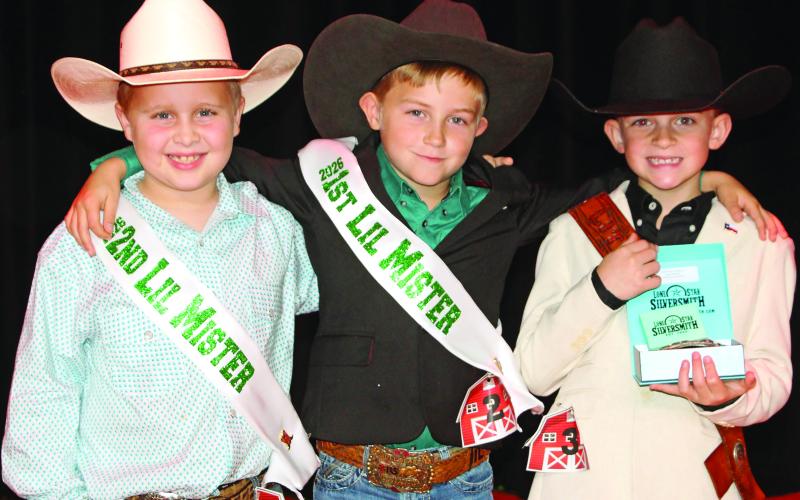Sentinel Photo/Jessica Shepard The MCFLA 2026 Little Mister Cowboy royalty court includes Second Runner-up Mayne Russell, First Runner-up Laramie Hirst, and Little Mister Cowboy Dusty O'Connell.
