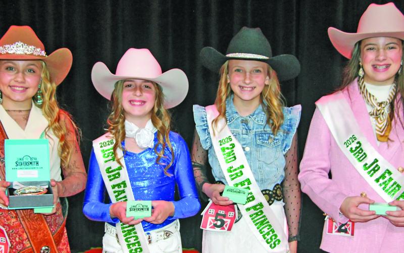 Sentinel Photo/Jessica Shepard  The MCFLA 2026 Junior Fair Princess royalty court includes Junior Fair Princess Hayden Joines, First Runner-up Cora Romine, Second Runner-up Emma Kubecka, and Third Runner-up Cadence Cornett.