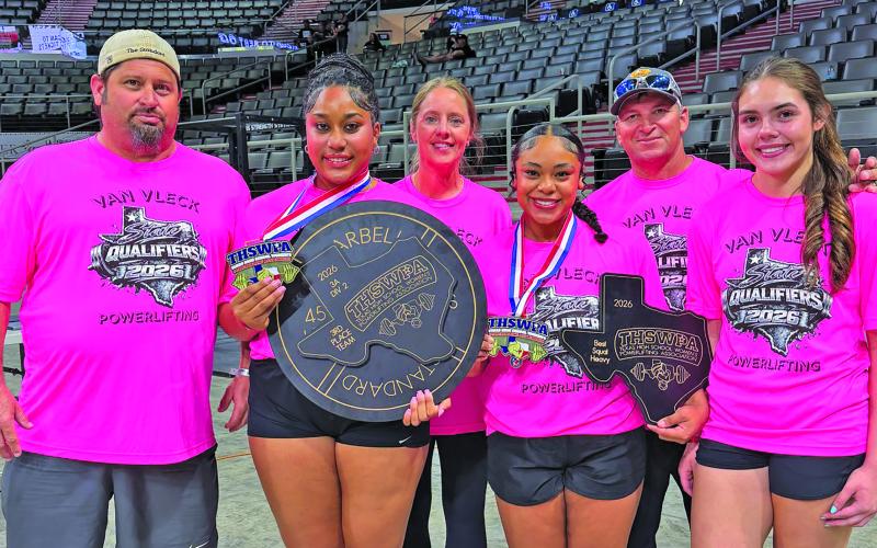 Contributed photo The Van Vleck Girls Powerlifting team had an impressive showing at the State Meet in Edinburg, dominating the platform. Check out these results: Cerenity Gibson, 1st Place (State Champion); Nevaeh Mangum, 1st Place (State Champion); and Taylor Dewitt, 10th Place in the State. Overall, the Lady Lep team won third place overall.