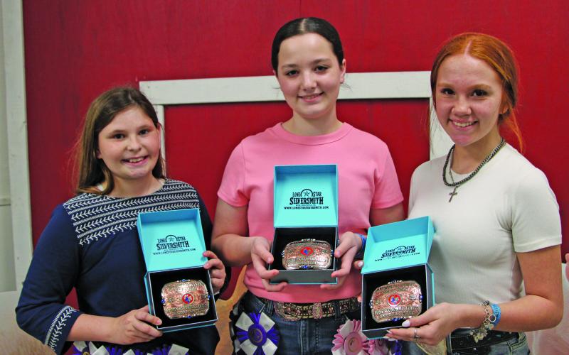 Sentinel Photo/Mike Reddell Highpoint Buckle winners: Matagorda County Fair and Livestock Association's Home Economics Craft Show Top Highpoint winners received belt buckles of their chosen divisions Wednesday, March 4. Those winners are, from left, Keelie Holub, Layten Lucas, and Ryleigh Siptak. This is the first year that buckles were awarded to "Top Highpoint" winners.