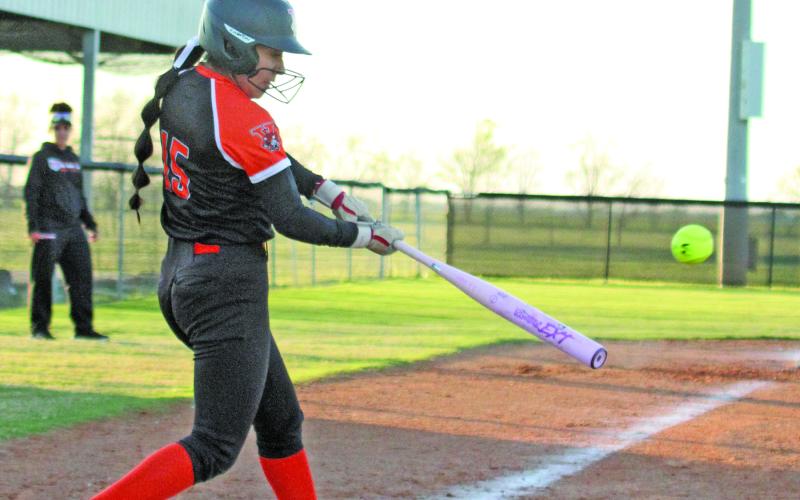 Photo by Anna Hernandez Van Vleck Lady Lep Lerial Garcia (15) makes contact with the ball during a recent game against Hitchcock. The Lady Leps, 13-5, 2-0, were to play Brazos there Tuesday, March 24, and will host East Bernard Friday, March 27.