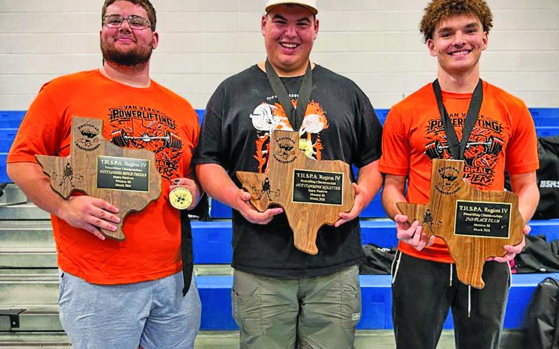 Contributed photo Three Van Vleck powerlifters qualified March 27 for the 3A state powerlifting meet. They are Tanner Arrington, SHW, Cole Newell, 308, and Aiden Armstrong, 165.