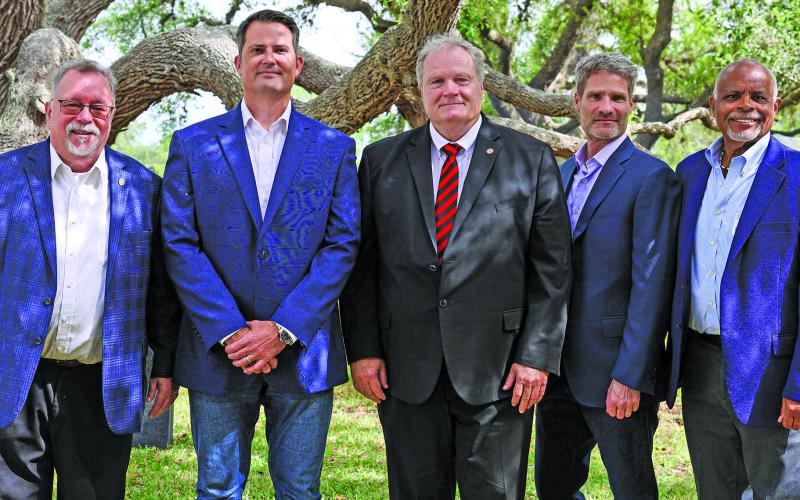 Sentinel Photo/Mike Reddell Groundbreaking of the City Breeze Battery Energy Storage Project in Bay City, was  held April 9. Shown at a luncheon was from left: Mike Ferdinand, Matagorda County Economic Development Corporation executive director;   Ryan Mitchell, PMP, Vice President Turnkey Solutions, Saber Power; County Judge Bobby Seiferman; Randolph Mann, CEO, esVolta, LP; and Bay City Mayor Robert Nelson.