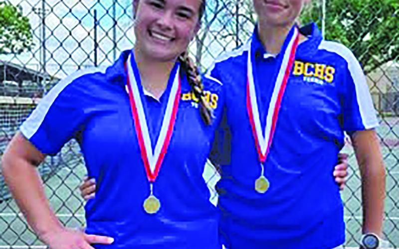 Contributed photo Bay City ISD Ladycats Emily Scardami and Lily Wurtz brought home the gold in District Tennis Doubles last week.