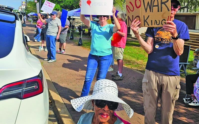 Contributed photo Participants in the No Kings Protest gathered at the Matagorda County Courthouse square at the intersection of 7th Street and Avenue F Saturday, March 28.