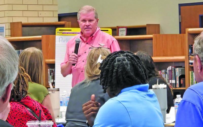 Sentinel Photo/Jessica Shepard Former Bay City ISD Chief Financial Officer Richard Johnson introduced himself at the district’s first “Strategic Planning Committee” meeting on Tuesday, April 14. Johnson was one of several retired and current district employees volunteering for the committee.