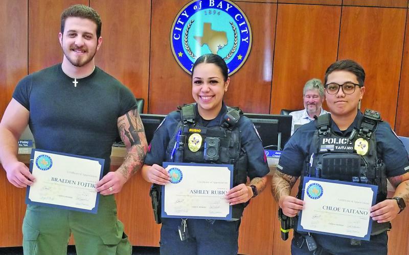 Sentinel Photo/Mike Reddell City Council recognized newly promoted Bay City Police officers last week. From left, are: Cpl. Braeden Fojtik, Cpl. Ashley Rubio, and Cpl. Chloe Taitano. Not pictured Sgt. Dillon Wakefield.