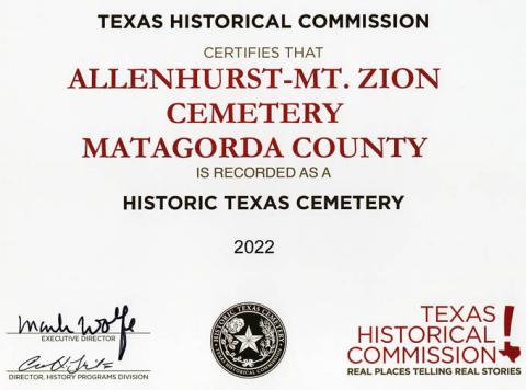 Allenhurst Cemetery has been designated at a Historic Texas Cemetery by the Texas Historical Commission