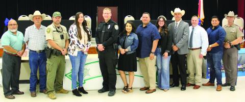 Sentinel Photo/Jessica Shepard Countywide law enforcement professionals were recognized for their service and dedication during the "Matagorda County 100 Club's “43rd Annual Law Enforcement Awards Dinner” Aug. 24. Those honored, in no particular order are: Laina Rosinak, Darrell Carillo, Robert Pierce, Jeremy Davis, Mason McKee, Todd Spillers, Angel Lopez, Ashley Orta, David Miles, Chris Hadash, David Chauvin, and Courtney Harvey.