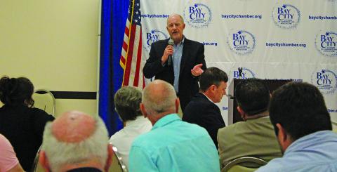 Sentinel photo/Jessica Shepard LCRA General Manager Phil Wilson talked about water issues, broadband coverage and the Arbuckle Reservoir at the Bay City Chamber of Commerce and Agriculture luncheon last week.