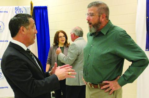 Sentinel Photo/Jessica Shepard Texas Comptroller Glenn Hegar, left, visits with Bay City ISD Superintendent Dr. Dwight McHazlett during Hegar’s Energy Tour in Matagorda County Wednesday, Sept. 27.