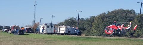 Sentinel Photo/MaLinda Reddell Emergency vehicles converge on the scene of a two-vehicle collision on Texas 35 and CR 442 near Blessing Wednesday, Dec. 27. Both of the drivers were taken by helicopter to Memorial Herman Hospital in Houston, DPS Sgt. Stephen Woodard said.