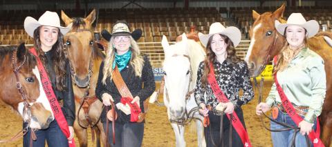 Sentinel Photo/Jessica Shepard The 2024 Rodeo Queen Royalty court includes, from left, third runnerup Jaymee Mielsch; Rodeo Queen Emily Dunbar; second runnerup Scollie Saha; and first runnerup Addison Fuller. 