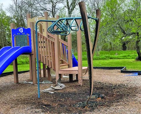 Fire Marshal’s photo shows damage to playground equipment and burn area at the park at 612 Duncan Ave. Playground damage from fire is suspicious in nature, said Fire Marshal. Photo/ Fire Marshal Dan Shook
