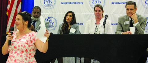 Sentinel Photo/Jessica Shepard BGE. Inc. Irrigation Specialist Whitney Milberger facilitated a question and answer segment as part of the Bay City Chamber of Commerce & Agriculture's and Texas Water Development Board's "Regional Financial Assistance Workshop" on Thursday, June 27. Joining Millberger were professional panelists, from left, Juan Alexander, Shima Jalalipour, Lindsay Kovar, Jim Russ, and Keta Caballero (not pictured).