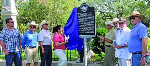Sentinel Photo/Mike Reddell Descendants of the Abel Head “Shanghai” Pierce and Jonathan Edwards Pierce take part in dedicating a Texas Historical Marker for the brothers at Hawley Cemetery, near Blessing, Saturday, June 29.The brothers were business partners operating El Rancho Grande. Abel is credited with bringing large numbers of Brahman Cattle to Texas, while Jonathan developed the town of Blessing into a prosperous community.