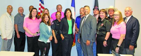 Sentinel Photo/Mike Reddell Federal Communications Commission (FCC) Chairwoman Jessica Rosenworcel (center) visited Emergency Operations Center last week to hear communication problems Matagorda County had following Hurricane Beryl’s landfall July 8.