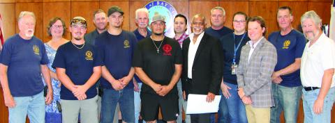 Sentinel Photo/Mike Reddell Bay City Volunteer Firefighters joined City Council members Oct. 8, when Mayor Robert Nelson  proclaimed the week of Oct.6-12, as Fire Prevention Week, and October as Fire Prevention Month in tBay City, with the theme, “Smoke Alarms: Make Them Work for You.”