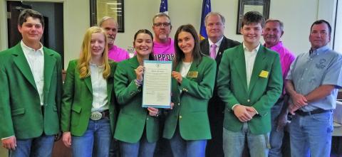 Sentinel Photo/Mike Reddell Commissioners Court approved a proclamation declaring Oct. 6-12, 2024, as National 4-H Week in Matagorda County at the court’s Oct. 7 meeting, and five young people in their green 4-H jackets were in attendance. They told the court of the many 4-H activities in Matagorda County for youngsters ranging in age from eight to 18. Those 4-H activities include raising cattle, food production, nutrition and community service.