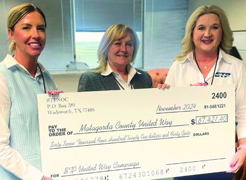 STP Photo STP Nuclear Operating Company employees raised an incredible $67,000 for Matagorda County United Way, making STP their largest contributor in 2024. Above are STP Vice President of Strategic Resources Savannah Cornelius, STP Chief Nuclear Officer Kym Harshaw, and Owner Liasion Heather Caddie-Mendiola with the donation check. 