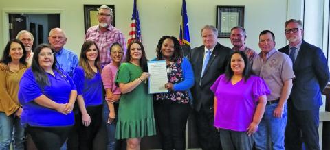 Sentinel Photo/Mike Reddell Crisis Center of Matagorda County and Wharton County representatives join Commissioners Court and county officials after the county proclaimed April as “Child Abuse Prevention and Awareness Month” and “Sexual Assault Awareness Month” in Matagorda County.
