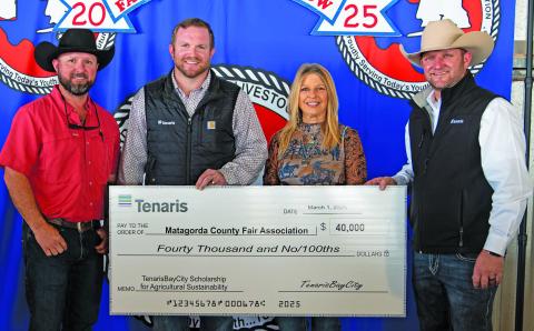 Contributed photo Showing off the check of $40,000 that TenarisBayCity made to Matagorda County Fair & Livestock Association (MCFLA) for scholarships to benefit 37 students, were, from left: Brian Busby, president, MCFLA; Scott Savage, Tenaris Community and Regulatory Affairs manager; Leissa Schrader, Fair Manager, MCFLA; and Jason Gernand, Tenaris Industrial Relations director, US. 