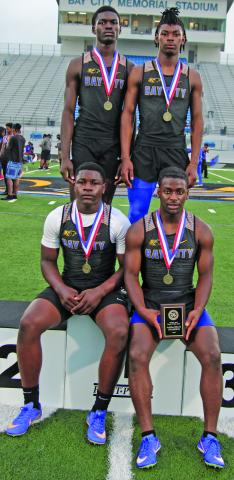 Sentinel Photo/Mike Reddell Bay City 4x200 relay team of Jada Andrews, Javius Andrews, Xylan Williams, Keimarion Wiggins took first place in last week’s district track meet and will advance to this week’s area meet.