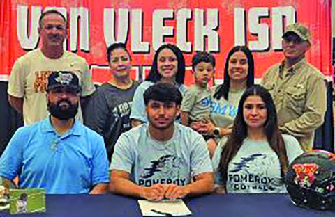 VVISD photo Van Vleck senior Daiten Garza signed in front of his family and school community to continue his football career at Saint Mary of the Woods College in Indiana at recent commitment ceremonies.