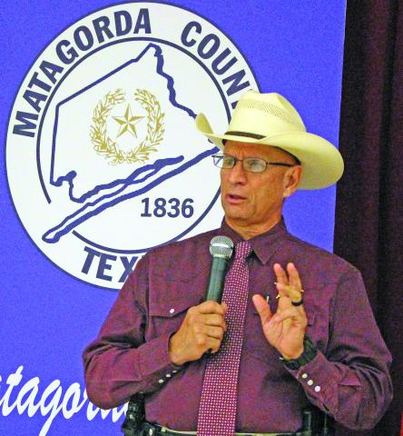 Sentinel Photo/Jessica Shepard Matagorda County Sheriff Rick DeLeon fielded questions at the Hurricane Symposium Saturday.