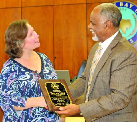 At its June 10 regular meeting, City Council recognized Becca Sitz for her years of service to the City of Bay City as a council member. At the meeting Mayor Robert Nelson presented a plaque to Sitz that reflected her contribution to the city. Sentinel Photo/Mike Reddell