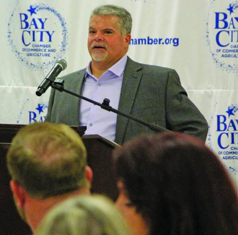 Sentinel Photo/Jessica Shepard BCISD Superintendent Chris Townsend addresses chamber breakfast for new teachers.