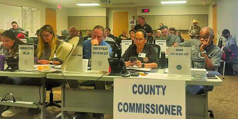 Courtesy photo/Mike Estlinbaum Keeping the Matagorda County Emergency Operations Center sharp on drill day. These drills are so important to keep the EOC machine running smoothly in case of an actual emergency. County Judge Bobby Seiferman commented at Commissioners Court Monday that the five-hour drill last Wednesday was under the watchful eye of FEMA. Seiferman thanked all who participated.