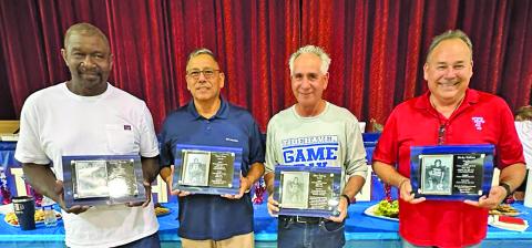 Contributed photo The Tidehaven Athletic Booster Club recognized and celebrated the 2025 Tidehaven Athletic Hall of Fame: George Woods, Gary Lara, Alex Galvan, and Ricky Galvan. The club membership said it was a privilege to meet these remarkable men, spend time with them, and pay tribute to their contributions to Tidehaven Athletics. They were honored at halftime of the Tidehaven/Palacios football game on Friday, Aug. 29.