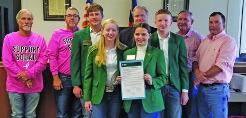 Matagorda County 4-H Ambassadors attended Commissioners Court at its regular meeting Monday, Oct. 6, as it was proclaimed National 4-H Week in Matagorda County. Sentinel Photo/Mike Reddell