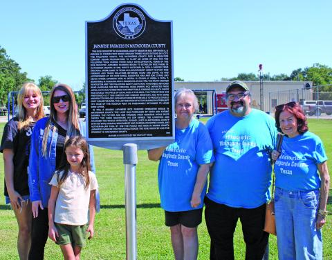 Sentinel Photo/Mike Reddell Matagorda County Historical Commission dedicated a Texas Historical Marker at Markham Community Center Saturday, Oct. 11. Taking part in the ceremony were, from left: Lucille Frick, Kristi Lee, Olivia Lee, Faye Cunningham, Jacob Rodriguez and Linda Cartwright.