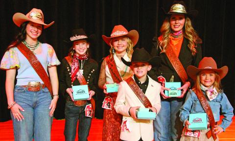  Sentinel photo/Jessica Shepard  The MCFLA's 2026 Rodeo & Fair Royalty are, from left: Rodeo Queen Scollie Saha, Fair Princess Analyn Sutherland, Junior Fair Princess Hayden Joines, Little Mister Cowboy Dusty O'Connell, Fair Queen Marin Bolton, and Little Miss Cowgirl Kalli Brown.