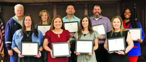 Phillips 66 photo (L-R Back Row: Bill Stone, VP of Sweeny Refinery; Ellen Claussen; Jacob Juneau; Robert Lawrence; Jamesse Walker. L-R Front Row: Angela Johnson; Melissa Jurek; Cyndi Barnett; Patricia Leal.)