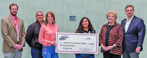 WCJC Photo Chevron Phillips Chemical Co. recently donated $10,000 to the WCJC Foundation toward scholarships at WCJC. Shown above: Jonathan Jeter, WCJC Foundation and Advancement Director; David Amador, WCJC Instructor of Nuclear Power Tech & Oversight of Nuclear Expansion in Texas; Wendy Irwin, CPChem Public Affairs Representative; Makyla Paniagua (student recipient); Gloria Crockett, WCJC Bay City Campus Specialist; and John Woolsey,  WCJC Continuing Education Corporate Coordinator.