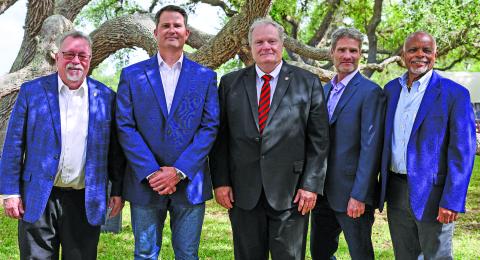 Sentinel Photo/Mike Reddell Groundbreaking of the City Breeze Battery Energy Storage Project in Bay City, was  held April 9. Shown at a luncheon was from left: Mike Ferdinand, Matagorda County Economic Development Corporation executive director;   Ryan Mitchell, PMP, Vice President Turnkey Solutions, Saber Power; County Judge Bobby Seiferman; Randolph Mann, CEO, esVolta, LP; and Bay City Mayor Robert Nelson.