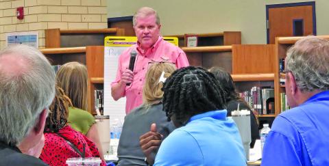 Sentinel Photo/Jessica Shepard Former Bay City ISD Chief Financial Officer Richard Johnson introduced himself at the district’s first “Strategic Planning Committee” meeting on Tuesday, April 14. Johnson was one of several retired and current district employees volunteering for the committee.