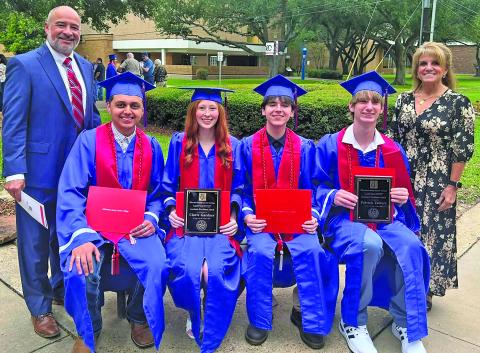 Contributed  photo Congratulations to Macie Gardner, Jordan Juarez, Fernando Ochoa, and Jaxon Talbert for graduating from WCJC with their Associates Degrees May 7. And both Macie and Jaxon swept the Academic Excellence awards. Mrs. Tamara Davant-Peterson and TISD Superintendent Patrick Talbert were on the stage as they received their diplomas.