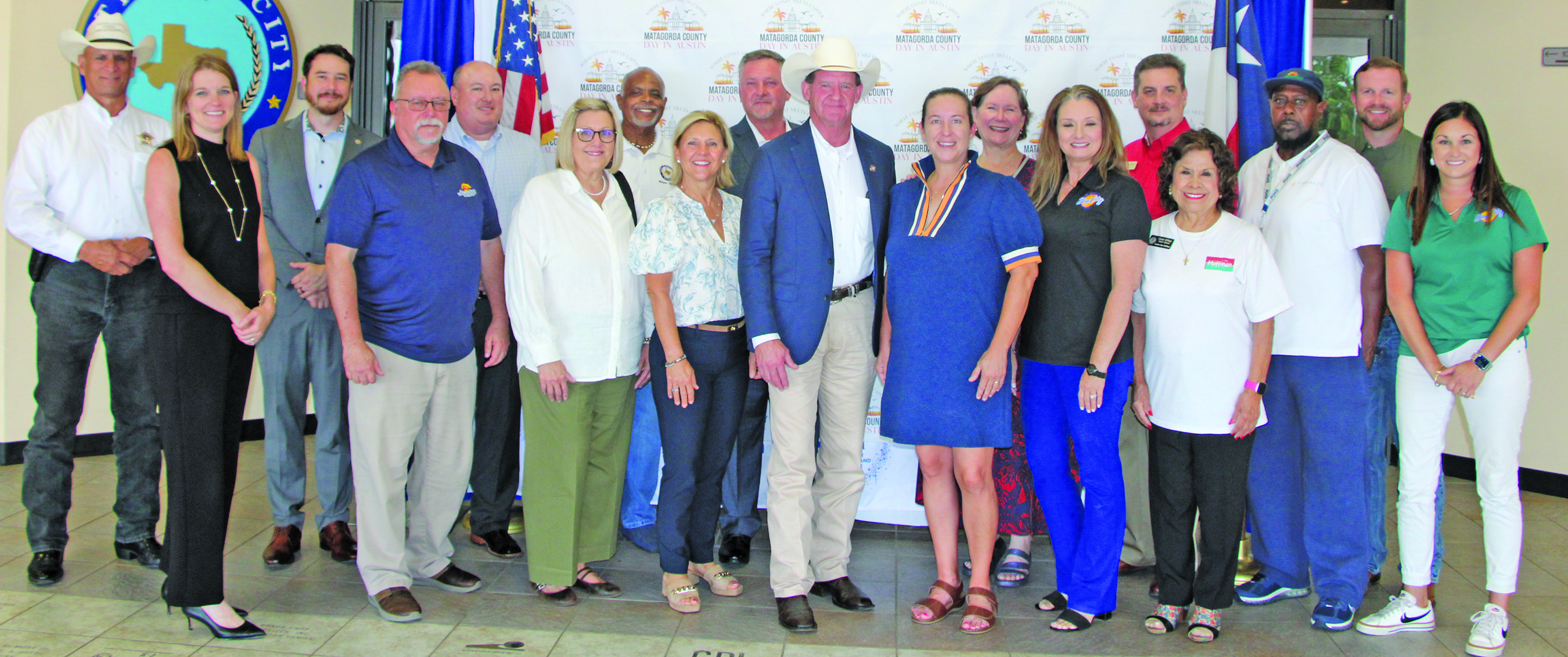 Sentinel Photo/Mike Reddell The Matagorda Day in Austin volunteers gathered May 16 for a group photo and chairman Jessical Russell outlined plans for the day to voice county concerns to the Legislature.