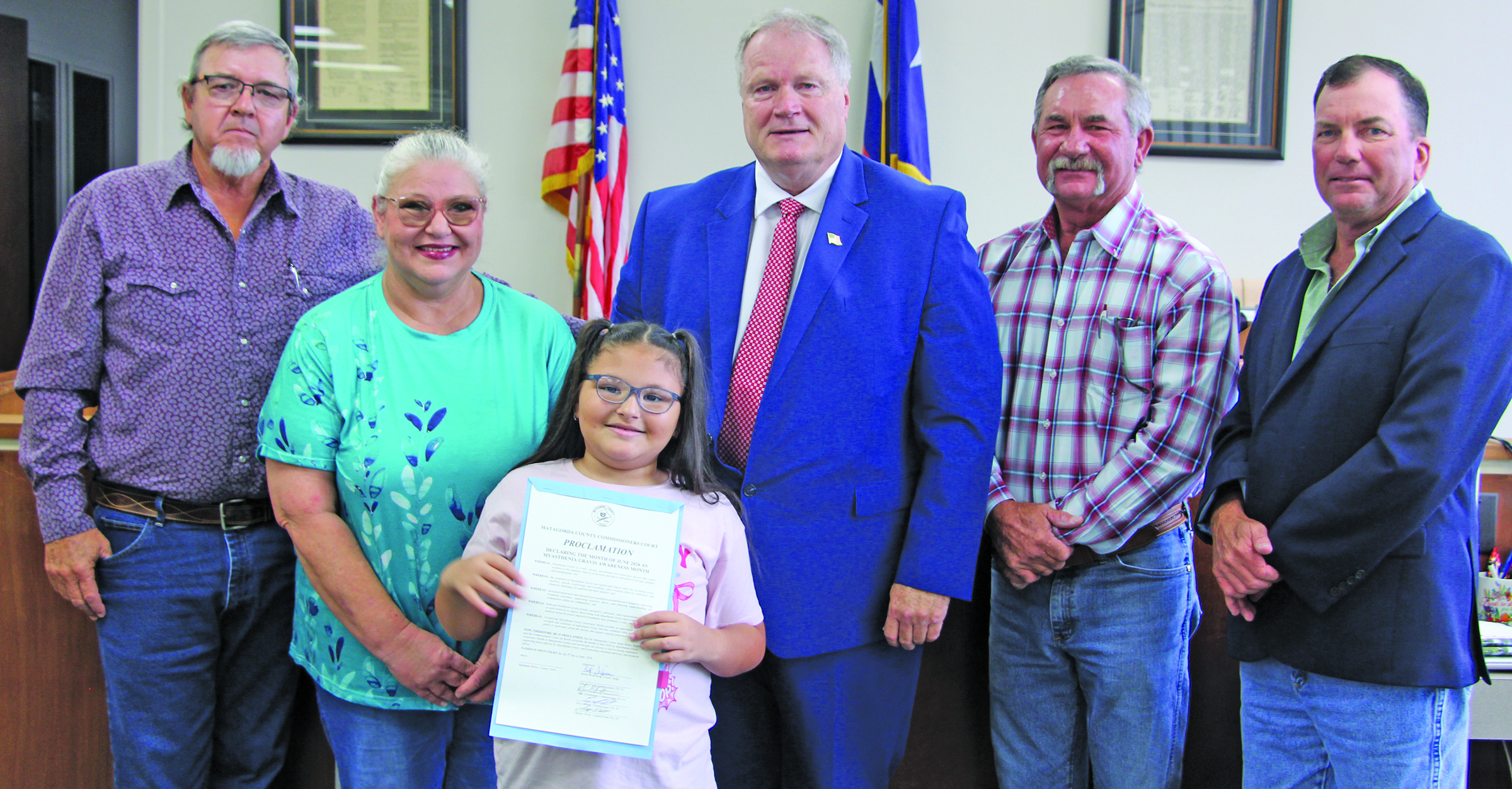 Matagorda County Commissioners Court declared the month of June 2026 as Myasthenia Gravis Awareness Month at the court’s regular meeting Monday. The disease causes weakness in the voluntary muscles of the body and affects individuals of all ages, genders and backgrounds.  Sentinel photo/Mike Reddell