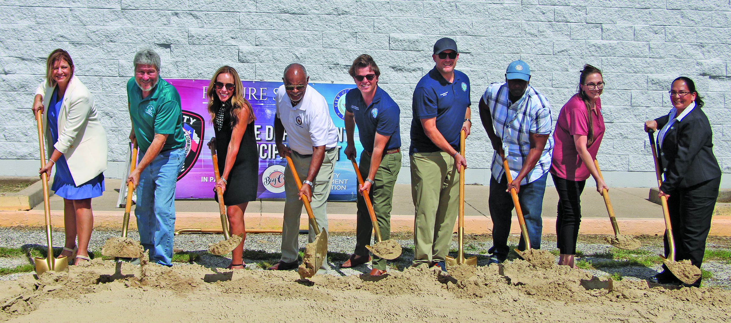The Bay City Police Department and City Officials invited the public to the official groundbreaking ceremony of the new Bay City Public Safety Center on Thursday, Aug. 20. Shown, from left, City Manager Scotty Jones, City Councilman JIm Folse, Council Member Susan Reardon, Mayor Robert Nelson, Councilman Bradley Westmoreland, Mayor Pro Tem Blayne Finlay, Councilman Cory McCray, Court Administrator Katy Plunkett, and Police Chief Christella Rodriguez.  Sentinel Photo/Mike Reddell